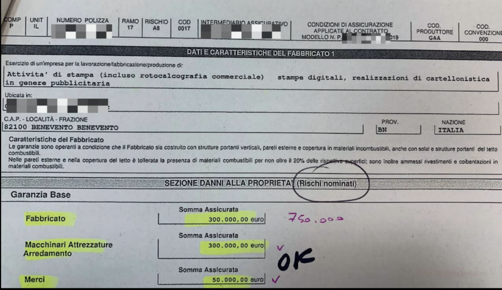 In questo esempio si nota come la polizza precedente copriva solo l’attività di stampa e non tutta quella di organizzazione eventi. Inoltre la stima del Fabbricato era stata fatta a 300.000, ma dalla nostra indagine e da tutte le valutazioni il valore reale era di 750.000 (quasi mezzo milione in più che Texi prima regalava…) 